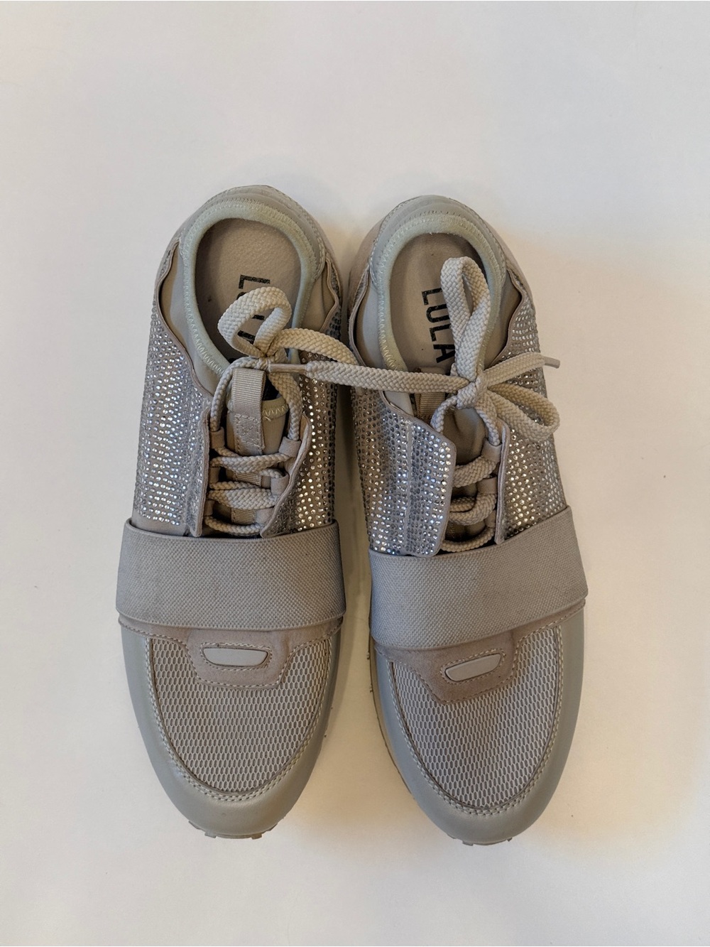 Lola Cruz Women’s US 9.5 EU 40 Beige Rhinestone Crystal Embellished Sneakers